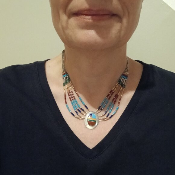 Vintage 5 Strand Liquid Silver with Multi Stone Inlaid Necklace - 16 inches - Picture 5 of 10